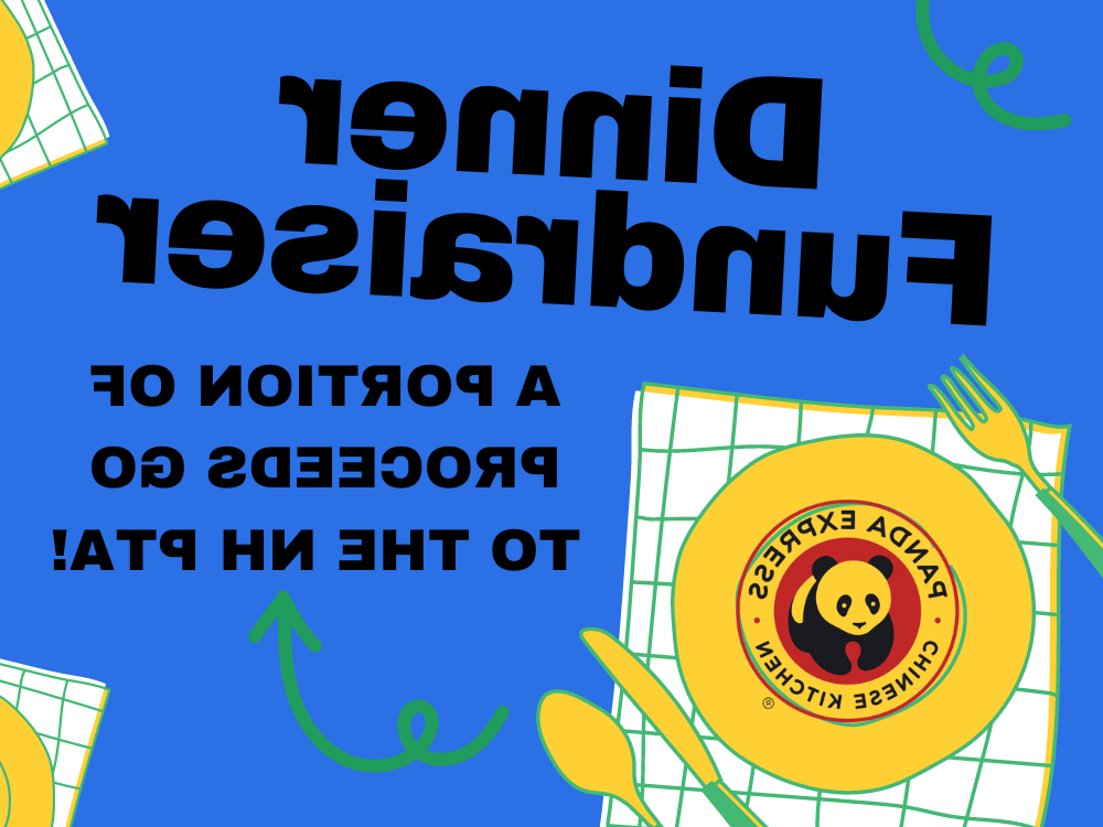 Blue background with dinner setting and the words Dinner Fundraiser a portion of proceeds go to the NH PTA. Panda Express Logo on the plate.